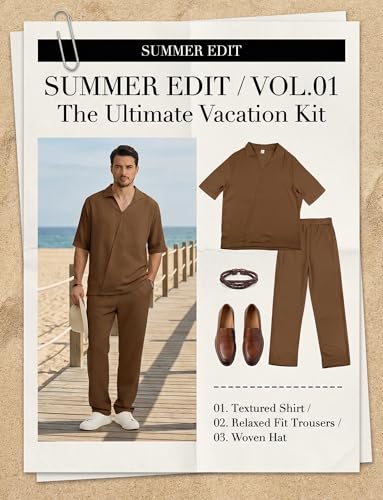 Men Two Piece Outfits Sets Casual 2 Piece Outfits Solid Colour Comfortable Fashionable Vacation Holiday Beach Set Coffee Brown XXL