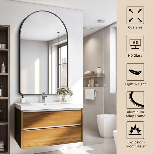 Image of FORBATH Arched Mirror 30x50 Inch, Black Bathroom Mirror Wall Mounted Modern Black Aluminum Alloy Frame Decor Large Dresser Mirror for Bedroom Living Room Entryway, Hanging or Leaning Against Wall