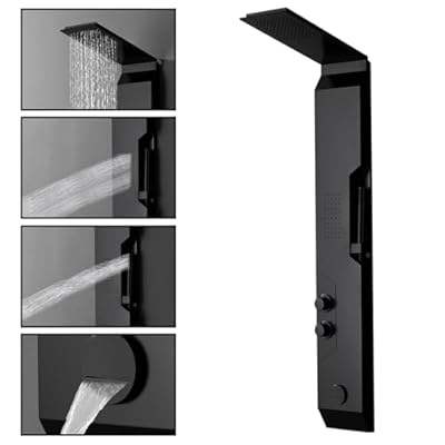 BATHLAVISH Black Shower Panels System, Shower Tower 304 Stainless Steel with Rainfall Shower Head with Handheld Massage Body Jets Bathroom Matte Black Waterfall Bathtub