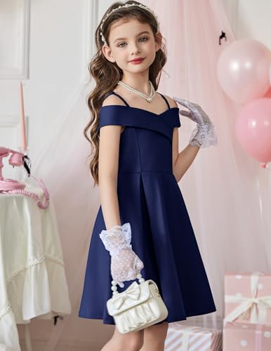 Arshiner Mädchen Kleid Schulterfrei Spaghettiträger Kinderkleid Ärmelloses Festliches Trägerkleid Sommer Partykleid Elegant Abendkleid für Mädchen 9-10 Jahre Marineblau