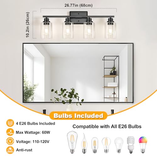 Image of Unicozin Modern Black Bathroom Light Fixtures, 4-Light Vanity Lights Over Mirror with E26 LED Bulbs Included, Wall Sconce with Clear Glass Shades for Living Room Bedroom Hallway Kitchen