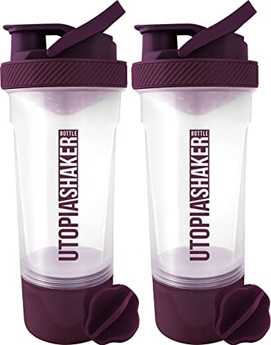 Utopia Home 2-Pack Shaker Bottle - 24 Ounce Protein Shaker Bottle for Pre & Post workout drinks - Classic Protein Mixer Shaker Bottle with Twist and Lock Protein Box Storage (Clear/Plum)