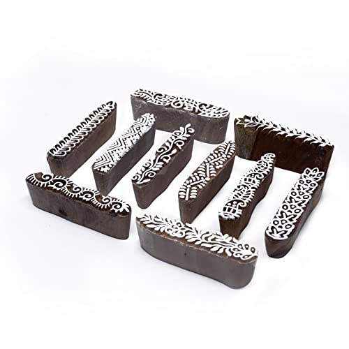 Image of Hashcart | Set of 10 | Handcarved Wooden Finger Shaped Blocks for Henna Mehendi, Wooden Blocks for Block Printing Stamps, Saree Border Clay Pottery Tattoo