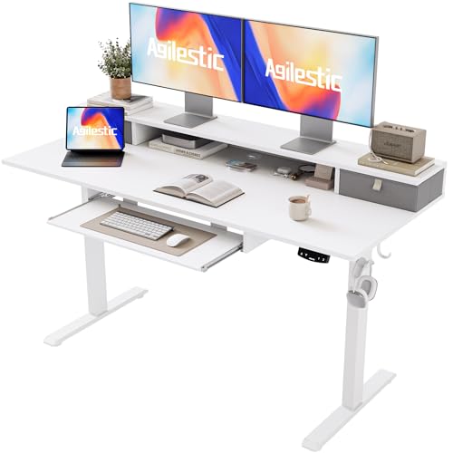 Image of Agilestic Electric Standing Desk with 2 Drawers and Keyboard Tray, 55 x 24 Inches Ergonomic Adjustable Height Desk with Storage, Sit Stand up Desk Computer Workstation, White