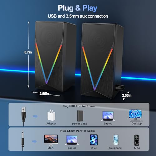 Computer Speakers, Desktop PC Speakers with 6 Colorful RGB Lights, Headphone Jack, Enhanced Bass and Volume Control, USB Powered & 3.5mm Aux Gaming Speakers for Laptop Monitor PC Tablet Phone by BUSP-HYY - Image 3