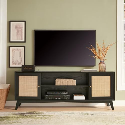 Okvnbjk Black TV Stand, Modern TV Consoles For Living Room 65 Inch TV, Fluted Panel Media Console With Sliding Doors & Ajustable Shelves, Entertainment Stand With Storage Cabinets