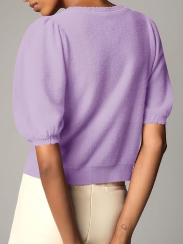 Image of Saodimallsu Womens Puff Short Sleeve Cardigan Lightweight Summer Button Down Shirts Knit Crew Neck Sweater Tops