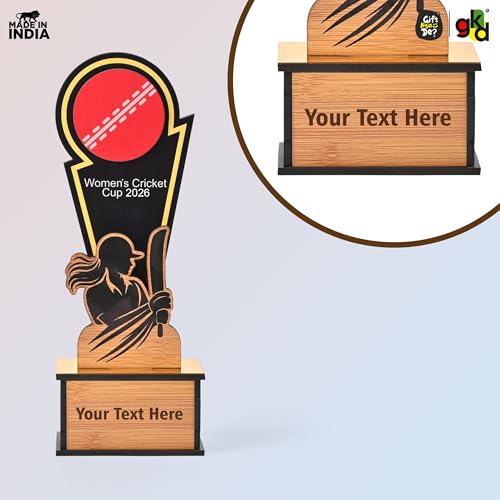 Image of GKD Wooden Cricket Trophy for Winners - Women's Cricket Cup Memento for Tournaments, Corporate Events & School Competitions | Self-Customizable with Stickers ((Women 12 Inch)