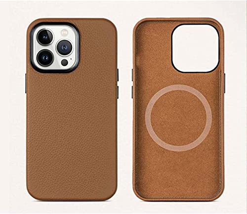 Funda para iPhone 14 Pro Max anticaídas con cuero auténtico y relieve para la cámara 4