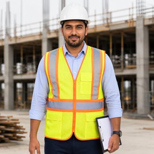 Image of VRITRAZ Unisex High Visibility Reflective Safety Vest | Multi-Pocket Safety Workwear Jacket for Construction Workers, Engineers, Security Guards, Factory & Road Safety Use