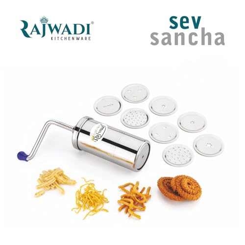 Image of Rajwadi Stainless Steel Sev Sancha Machine /Muruku Maker with 6 Jali, Kitchen Tools of Namkeen and Snacks Maker (Regular)