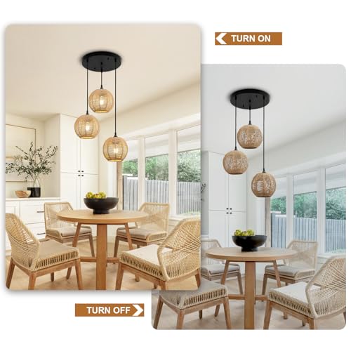 Image of Round 3 Light Boho Pendant Light Rattan Hanging Lamp | Hand Woven Wicker Small Chandelier Hanging Lights Fixture for Bedroom Kitchen Hallway Foyer