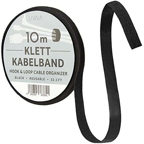 LIVAIA Attache-câbles noir, réutilisable et auto-adhésif: 10m de ruban agrippant pour le rangement du bureau - Organisateur de cable et fil électrique sous forme de rouleau adhésif par LIVAIA