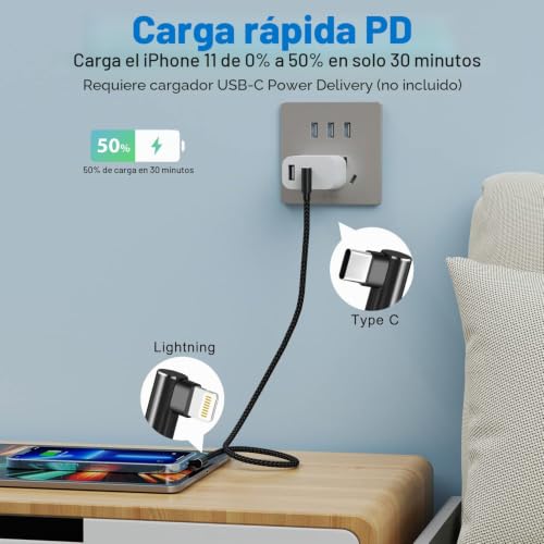 Cable USB C a Lightning paquete de 3 cargador para iPhone 13 14 Pro codo 90 3