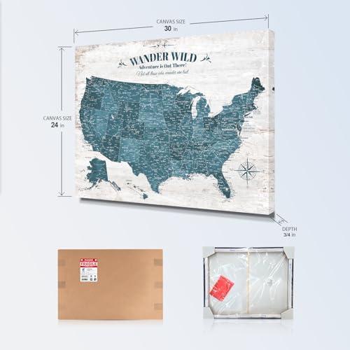 Image of IPIC - Antique Blue USA Travel Map, Pin Board Canvas Wall Art, Travel Map with Pins Included, Ready to Hang for Home or Office, 30x24 Inch
