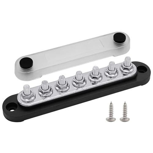 Ampper - 7 x goujons 1/4" (M6) Barre de distribution de terre, Barre de distribution de batterie Ampper 5.9" 12V 150A avec couvercle pour auto, bateau et solaire (noir)