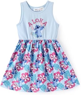 Disney Stitch Toddler Girl Dress Blue Floral Print Sleeveless Casual Summer Sundress Kids Birthday P...
