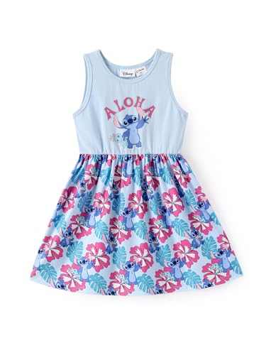 Disney Stitch Toddler Girl Dress Blue Floral Print Sleeveless Casual Summer Sundress Kids Birthday Party Home School Outfits Clothes 4-5T
