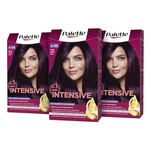 Palette Intensive Creme Color 4-99 Violín, tinte de pelo permanente con aceite de macadamia y almendras, cubre el 100% de las canas y raíces, para un color radiante, Pack 3