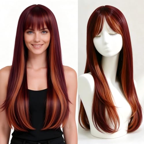 mszyhuwan 99J Burgundy Red With Ginger Mixed Highlights Wig With Bangs
