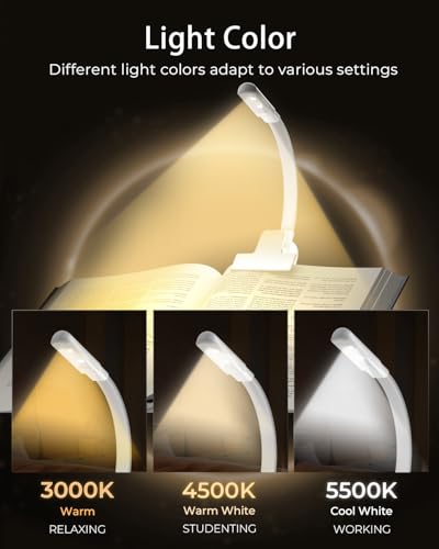 Image of Book Lights,Reading Light with Replaceable USB Rechargeable Battery,3 Color & Stepless Dimming Book Light for Reading at Night,Lightweight and Ideal for Long Trips and Camping (White)