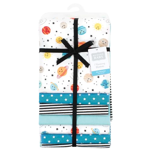 Image of Little Treasure Hudson Baby Cotton Poly Flannel Receiving Blankets Multipack, Blue Happy Planets, 30x30 inches
