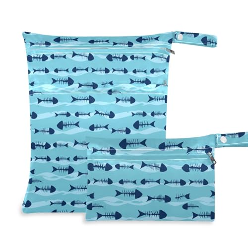 Coikll Wet Dry Bags for Cloth Diaper 2 Pack Waterproof Yoga Gym Bag for Swimsuit Wet Clothes Baby Items-?Fish Skeleton?
