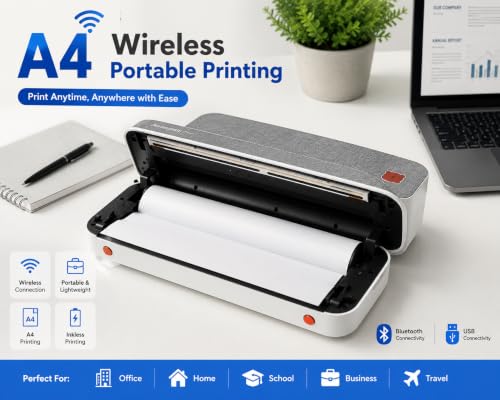 Image of A4 Wireless Mini Thermal Printer, Inkless Portable Printer with 203 DPI, Bluetooth & USB Connectivity, for Students Office Home Business Invoices Receipts Documents Travel
