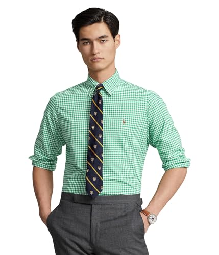 POLO RALPH LAUREN Camisa Oxford clásica de manga larga para hombre, (Colección 2024) Cuadros Verde Esmeralda/Blanco, Large