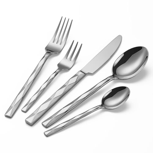 GDYCYC Silverware Set, Luxury 20-Piece Flatware Set for 4, Cutlery Set Stainless Steel, Diamond Cut Pattern, Home, Wedding & Party, 18/10 Stainless Steel Tablewaret & Dishwasher Safe Utensils.