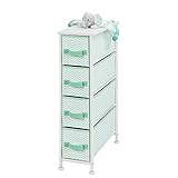 mDesign Narrow Vertical Dresser Storage Tower Furniture - Metal Frame, Wood Top, Easy Pull Fabric Bins - for Kid's Bedroom, Hallway, Entryway, Closet, Dorm - Chevron Print, 4 Drawer - Mint Green/White