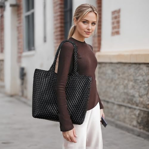 Woven Tote Bag for women,Vegan Leather Woven Handbag, Shoulder bag with Pouch, fits13-14” laptops2