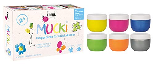 KREUL 23050 - Mucki Fingerfarbe für Glückskinder, 6 x 50 ml in Gelb, Pink, Diamanten-Blau, Grün, Orange, Drachen-Silber, parabenfrei, glutenfrei, laktosefrei, vegan, auswaschbar – Bild 3