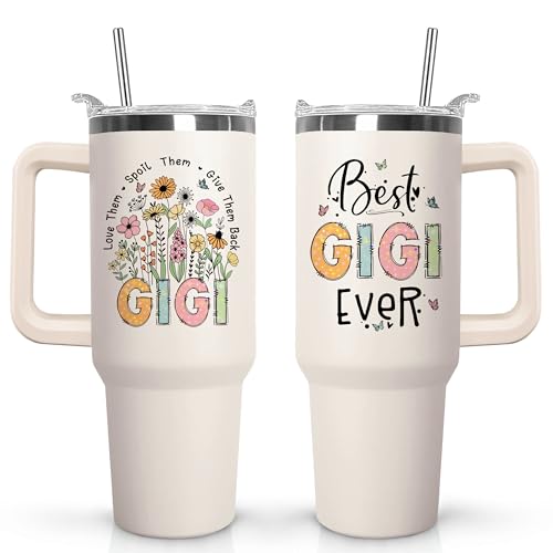 wmvhdiw 30 oz Best Gigi Ever Floral Tumbler with Handle & Straw, Vacuum Insulated Stainless Steel Water Bottle Travel Mug, Mothers Day Gifts from Daughter Son Kids, Birthday Gifts for Gigi