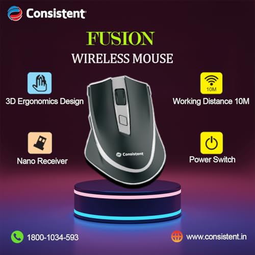 Image of Consistent Fusion Wireless Mouse (MG1151) Wireless Mouse, 2.4GHz with USB Nano Receiver, High Precision Optical Tracking, Buttons, Plug & Play, Ambidextrous, for PC /Mac /Laptop (Black)