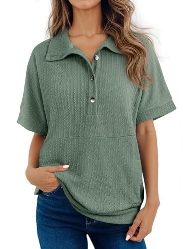 Dokotoo Summer Tops for Women 2025 Short Sleeve Shirts for Women Button Down Lapel V Neck Oversized Shirts Textured Ladies Tops and Blouses Tunic Tops Loose Fit Dressy Trendy Outfits Clothes Green XL