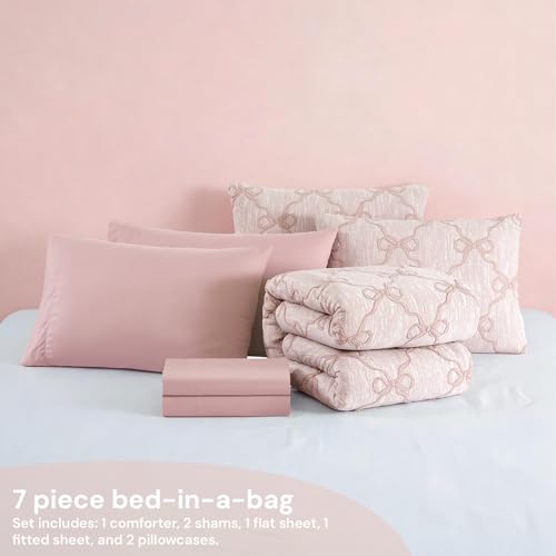 Image of BLOOMHAVEN Queen Comforter Set for Girls, 7 Pieces Pink Bow Bedding Set, All Seasons Bed in a Bag with Sheets, Pillowcases & Shams