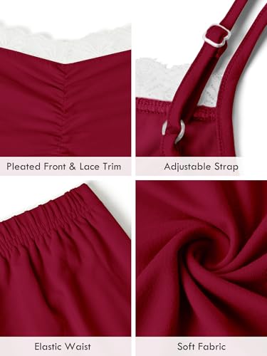 AusLook Women's Plus Size Pajama Sets Lace Trim Cami Sleeveless Top and Shorts Burgundy 5X Comfy Soft Ladies Short Pajamas Set Loungwear Sleepwear Pjs Set 2 Piece Lounge Set with Pockets — view 4