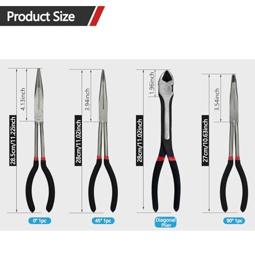 Image of 4 Piece 11 inch Extra Long Needle Nose Pliers Set with Insulated Comfort Grip