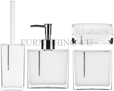BRAND NEW 4PC ACRYLIC DIAMANTE CRYSTAL BATHROOM SET IN WHITE LOTION DISPENSER, TOOTHBRUSH HOLDER, SOAP DISH, TOILET BRUSH