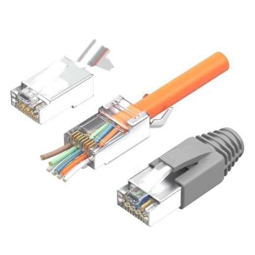 RJ45 Stecker Cat7 Cat6A Netzwerkstecker Pass Through RJ45 Crimp Stecker geschirmt mit Zugentlastung Knickschutz Tülle Grau Einführhilfe für Verlegekabel Cat 7 Cat6a AWG23 8 polig Plug (10 Stück)