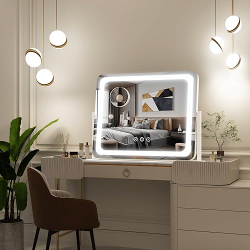 Image of FENNIO Vanity Mirror with Lights 22''x17'' Makeup Mirror with Lights,Vanity Mirror Touch Screen with 3-Color Lighting,Dimmable,for Vanity Desk Tabletop