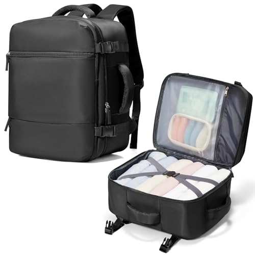 Image of suradar Travel Backpack for Women Men,Carry On Backpack Flight Approved Personal Item Travel Bag Laptop Backpack Waterproof Weekender Essentials Hiking Rucksack Casual Daypack Black