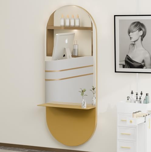 OmySalon Full Length Mirror with Shelf, Large Wall Mounted Makeup Mirror, Professional Salon Metal Hanging Mirror with Storage Shelf for Bedroom, Barbershop, Bathroom (Gold)