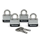 Master Lock 3009D Keyed-Alike Warded Padlock, Steel, 1-1/2-inch Wide Body, 4-Pack, 2-Keys Included , Silver