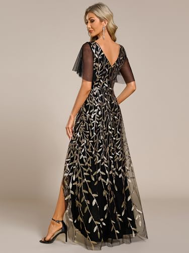 Ever-Pretty Women's Shimmery Formal Dress V Neck Sequins A-Line Side Slit Elegant Long Evening Dresses 020832