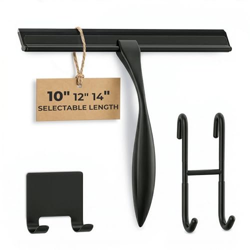 Image of Shower Door Squeegee with Hook - 10 inch Silicone Blade, Stainless Steel Black Squeegee for Shower Glass with Adhesive Mount - All-Purpose Bathroom Tile, Mirror, & Window Wiper for Streak-Free Cleaning