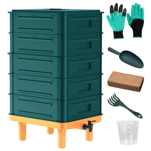 5-Tray Worm Composter, 85L Outdoor & Indoor Worm Compost Bin with Worm Farm Starter Kits,...