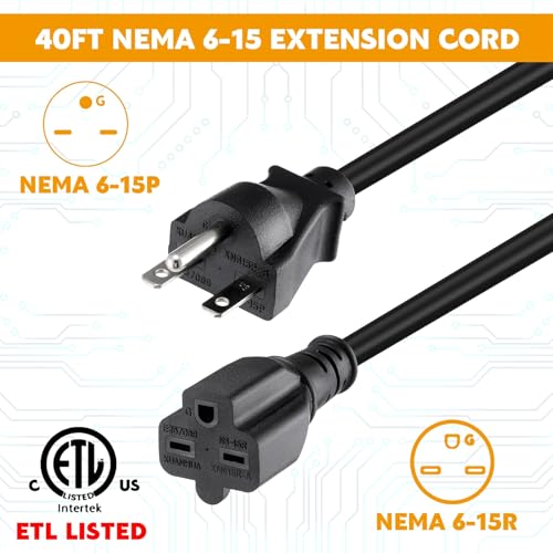 Tellegloww 40ft Nema 6-15 Extension Cord 6-15p Male to 6-15r Female, Black by Tellegloww - Used condition - Image 2