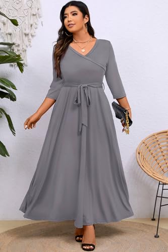 Image of Runwind Plus Size Dress for Women - 3 /4 Sleeve V Neck Maxi Dresses for Women (XL-6XL)